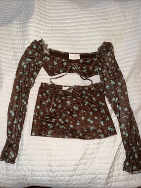 New Pink Brown Floral Mini skirt set with Blue Print